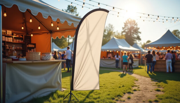 Vertical banner mockup. Blank vertical flag banner at countryside fair with sunlight and people walking through vendor booths