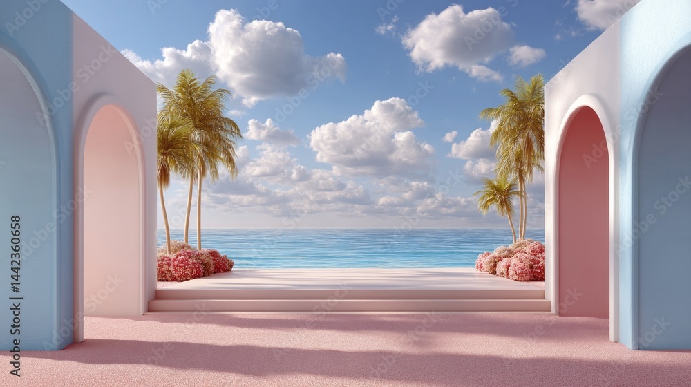Poster an enchanting setting showcases a harmonious blend of pink and blue arches. lush palm trees frame th
