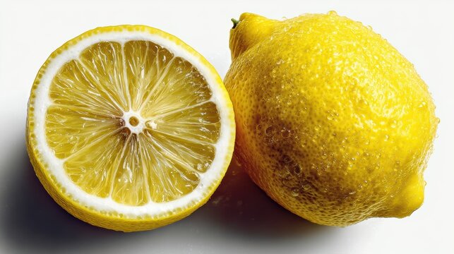 a fresh lemon sliced in half on a white isolated background, zesty and bright design