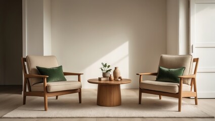 Cozy living space featuring light decor, soft carpet, armchairs, and a table