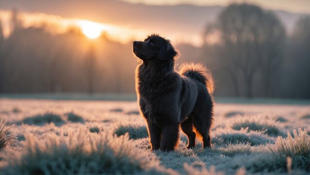 Dog walking at dawn, vivid sky and countryside