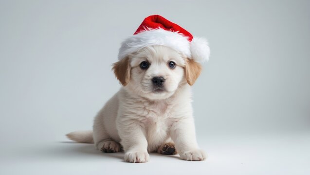 Cute puppy in a Santa hat seated for Christmas - isolated on white background