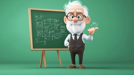 Cartoon Teacher with Beard and Glasses Presenting on Chalkboard in Front of Green Background