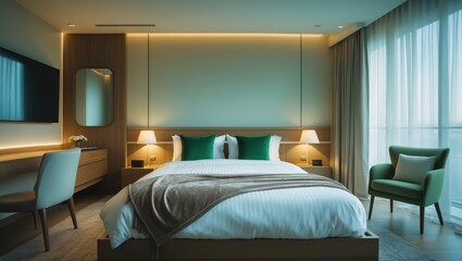 Interior view of a hotel apartment with a big master bed
