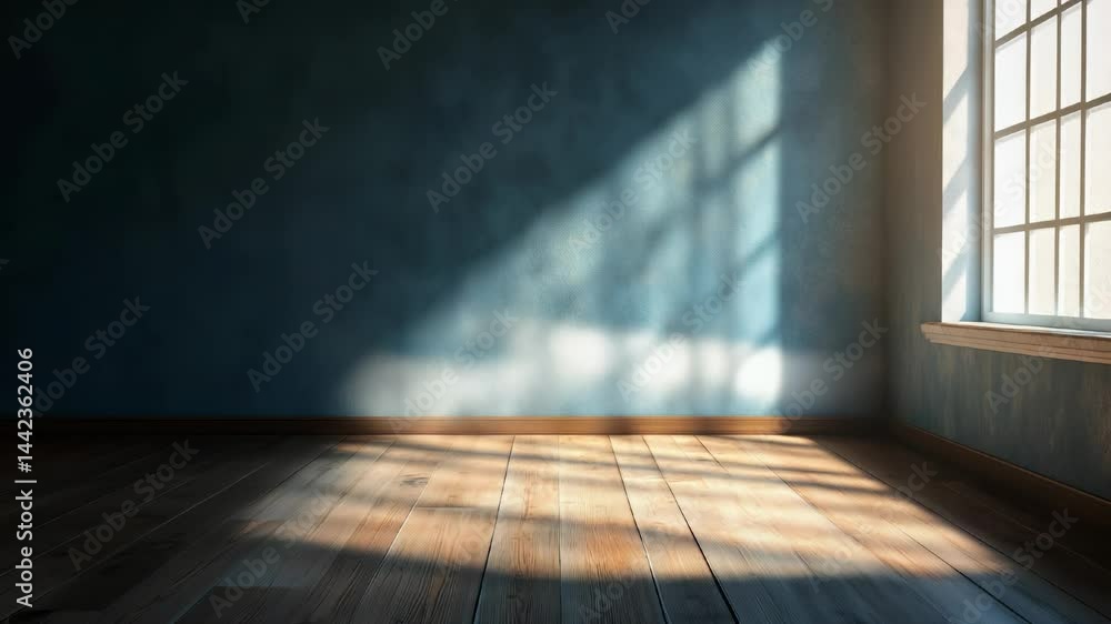 Poster a shadow resembling a human silhouette is cast on a dark wall in a sunlit room with wooden floors. l