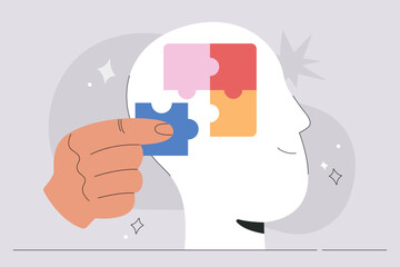 Hands arrenging a jigsaw puzzle in human head, mindfulness and mental health care, solving psychological problems. Web banner design, colourful flat vector illustration isolated on background