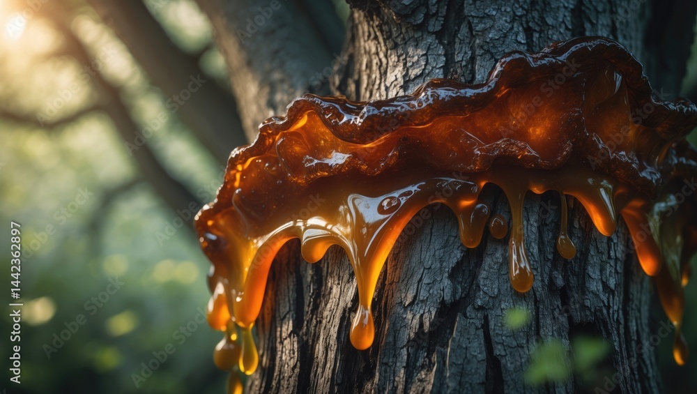 Poster the dried sap of trees is a clear orange hue. sap that flows from the trunk hardens as it dries.