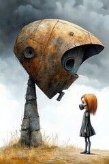 A young girl, wearing a gas mask, stands near a rustic, futuristic, dome-shaped house, surrounded by a desolate landscape. The artwork is done in watercolor.