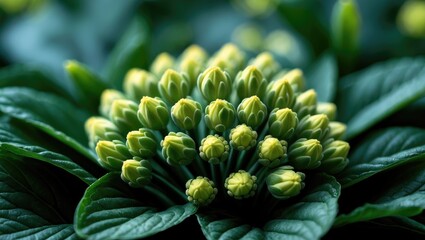 Obraz premium Detailed shot of flower buds in a cluster, tiny and round with light green hue, showing they are still maturing, encircled by green foliage