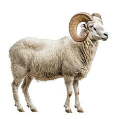 Side view of a large ram with curled horns, cut out, isolated on a transparent background, no shadow