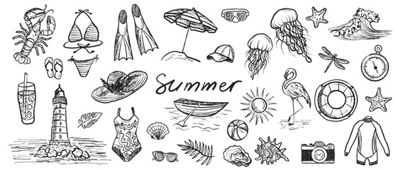 Summer symbols in black brush stroke texture isolated on white. Hand drawn vector sketch illustration in vintage charcoal ink. Lighthouse, swimsuit, beach umbrella, jellyfish, sea vacation, boat © Nataliya Pokrovska