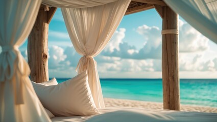 Daybed featured in luxury spa, selective focus