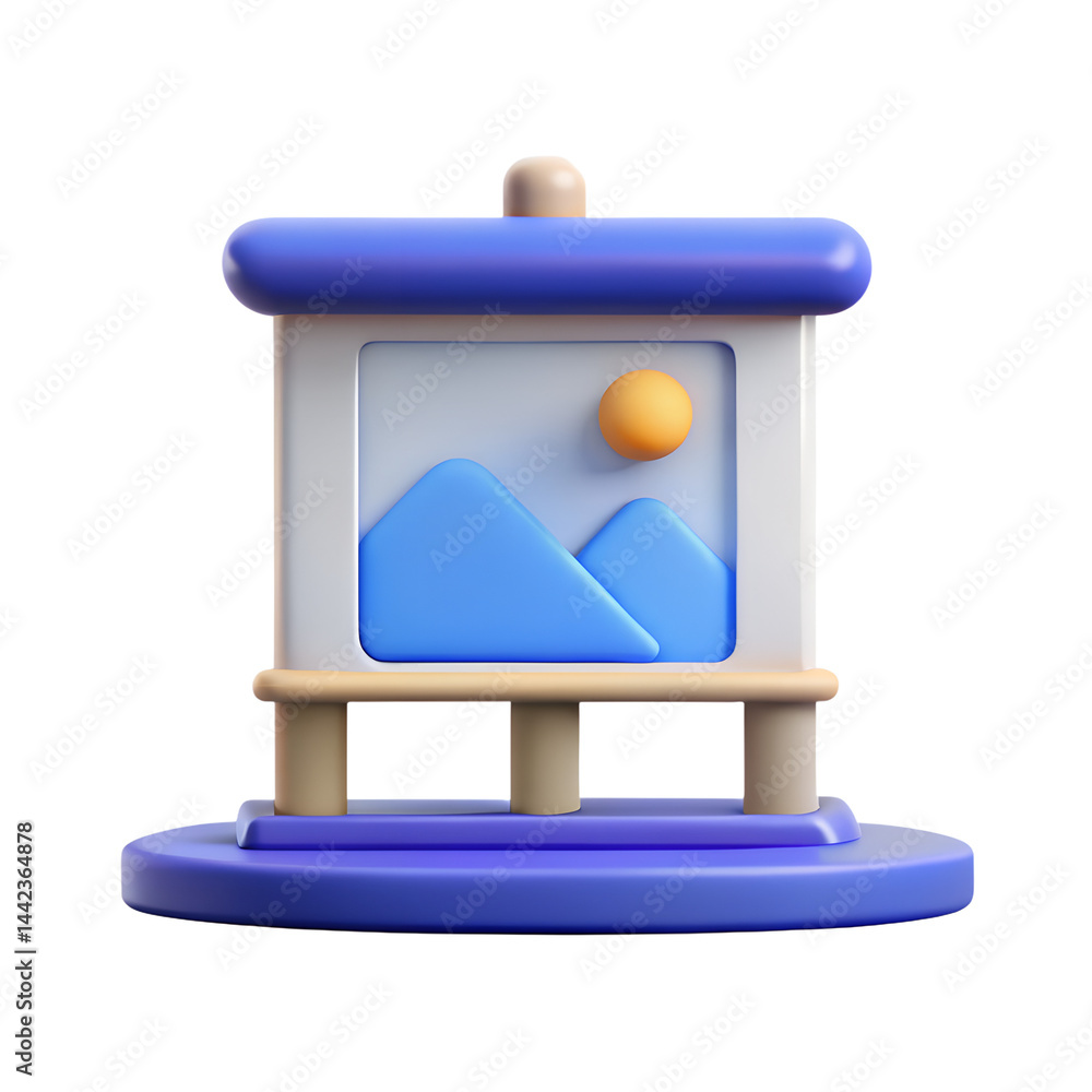 Poster 3d rendering landscape icon with mountains and sun in minimal style