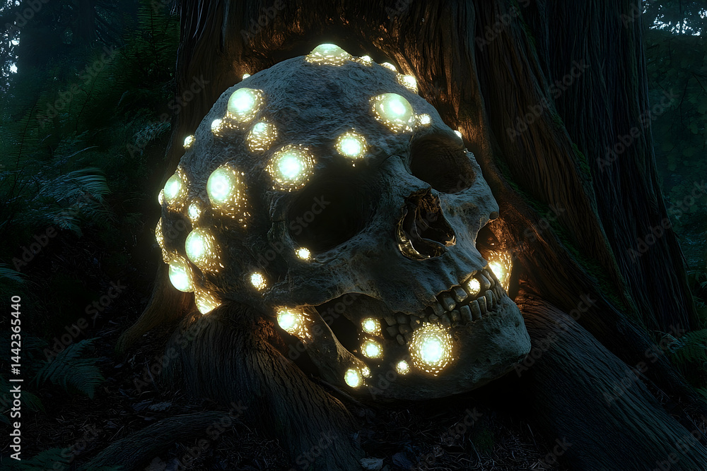 Poster illuminated skull resting in a mystical forest setting.