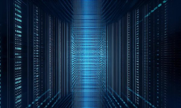 Digital background featuring blue and white binary code, representing data flow or information technology in an abstract digital tunnel with light rays