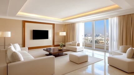Fototapeta premium Luxurious Neutral-Toned Living Room with High-End Styling in Beige and White Colors for Elegant Home Decor Inspiration,3D rendering