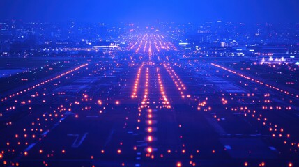 Aerial View of Airport Runway with Illuminated Lights at Night