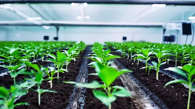 Young Green Seedlings Growing in Rows at Modern Indoor Farm Facility