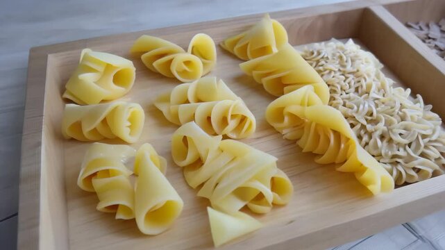 Cheese Rosettes and Pasta Assortment Closeup in Wooden Serving Tray