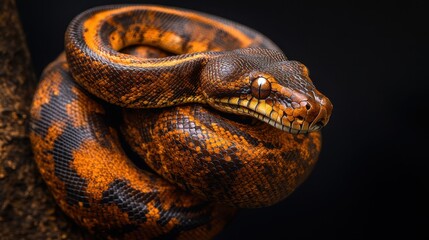 Close-Up of a Colorful Python Coiled on a Branch in Nature