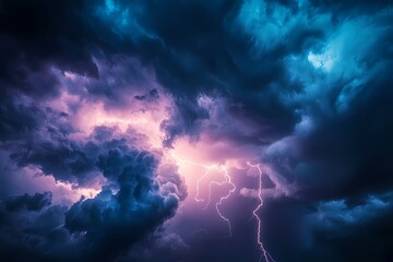 Dramatic purple and teal storm clouds with a powerful lightning strike illuminating the night sky intense weather