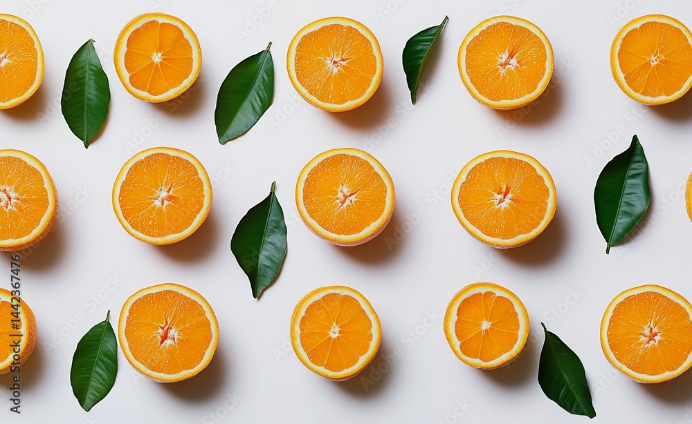 Poster flat lay of halved oranges and leaves arranged in a pattern on white background.
