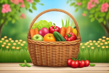 Wicker basket filled with fresh vegetables and fruits, displayed in an outdoor garden setting.
