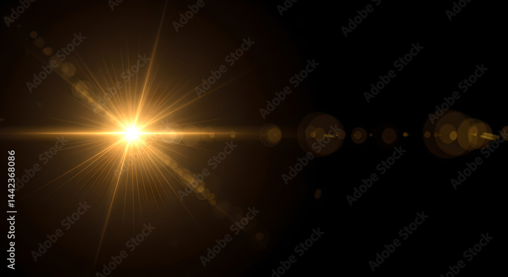 Poster abstract light effect with radiating golden rays creating a lens flare against a dark background. co