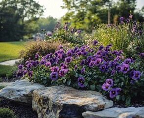 Vibrant purple pansies bloom in a lush garden landscape, nestled amongst rocks and greenery.