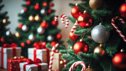 Intimate shot of Bright balls, gift container, and decorations against Green tree background in holiday time.