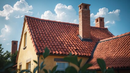 Roofing and chimney renewal idea featuring clay tile roofs for structures.