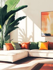 Modern Decor Living Room with Bright Colors and Abstract Art Featuring Sofa and Plant Decor