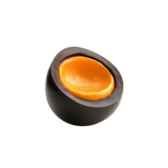 Half of a Dark Soy Sauce Marinated Egg Showing Rich Orange Yolk