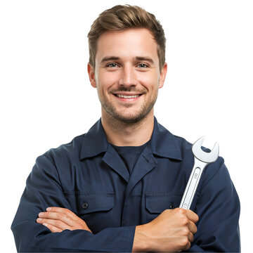 Smiling Mechanic Holding a Wrench isolated on a transparent background 