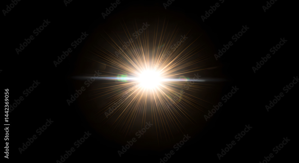 Poster abstract light effect or lens flare with radiant white light burst and orange rays in the darkness. 