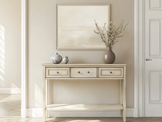 Fototapeta premium Modern Console Table in Neutral Colors: Elevate Your Interior Design with Home Decor and Wooden Furniture