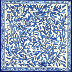 Blue and white patterned rug with leaves