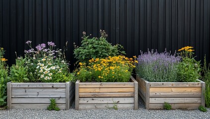Three wooden planters with various flowers against a black wall.