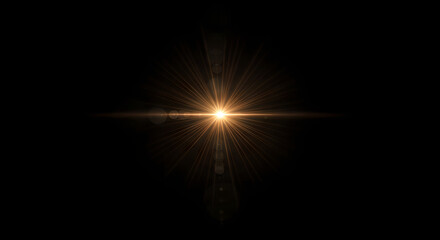 Abstract lens flare effect with bright optical light rays on black background creating a starburst display concept, used for photoshop overlays and backdrops