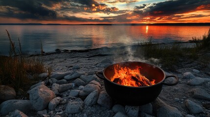Secluded beach with cauldron fire raging, smoke spiraling into vibrant red sunset