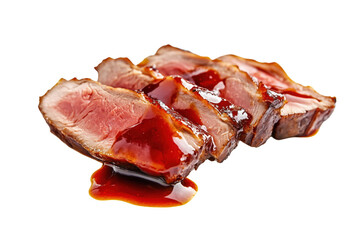 Obraz premium Medium rare steak, sliced into pieces, and topped with dark meat sauce. Isolated element with transparent background