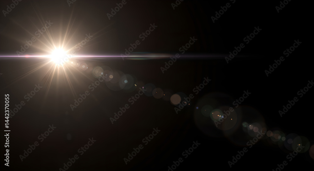 Poster abstract vibrant light flare with bokeh effect on a black background. sun burst light for design ele