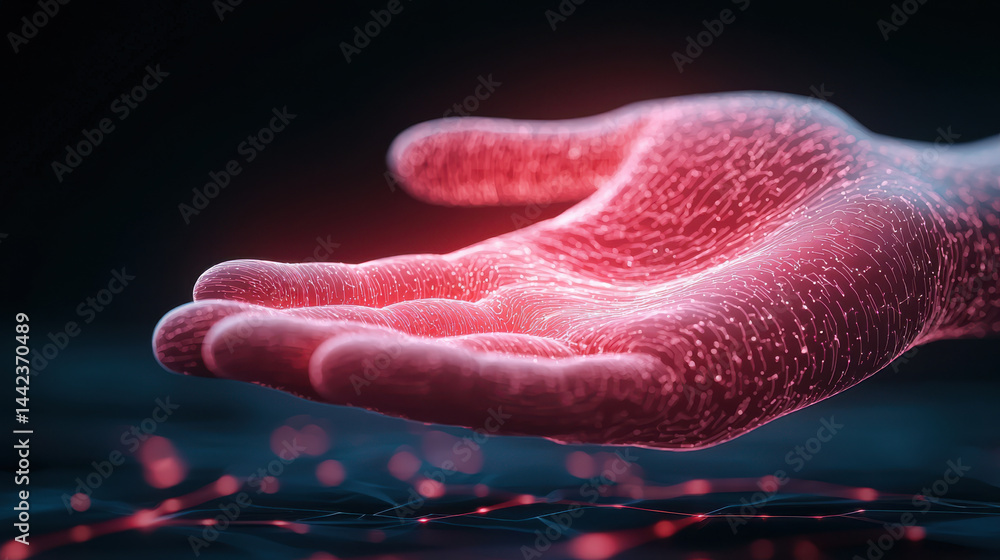 Poster glowing hand with intricate patterns, symbolizing technology and connection, ai fingerprint fortune 