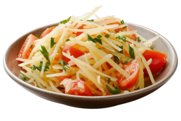 Som Tam, Thai Papaya Salad. freshness of vegetables, sweet and sour taste of lime, the spiciness of chili, aroma of fish sauce. Isolated object with transparent background