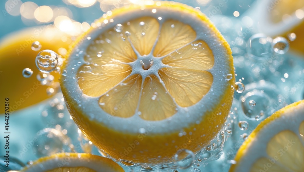 Poster close-up image of a lemon segment in water accompanied by bubbles