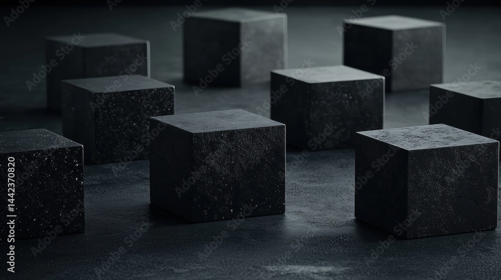 Poster a collection of black, textured cubes arranged in a grid-like pattern.