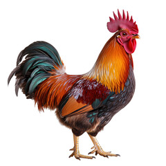 Fototapeta premium larfge red rooster side view, vivid feathers, isolated on transparent background, cut out, no shadow, standing proudly