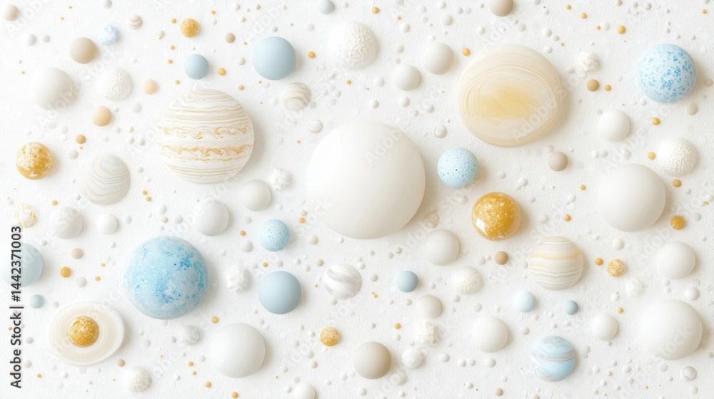 Poster a 3d rendering of a celestial scene, featuring numerous spheres of varying sizes and colors, scatter