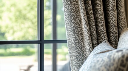 An interior scene with curtains window and natural light present