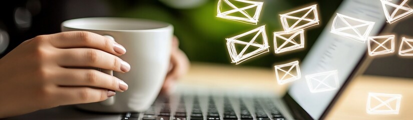 Woman's hands holding a coffee mug near a laptop with email icons.